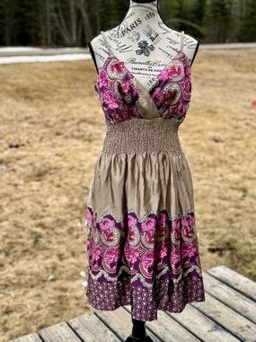 Romy Fuchsia Floral & Tan Smocked Midi Dress